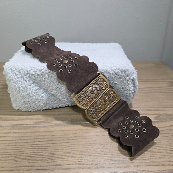 Unbranded Accessories - Vintage Womens Brown Suede Boho Belt Winged Bronze Buckle Size 30-32"